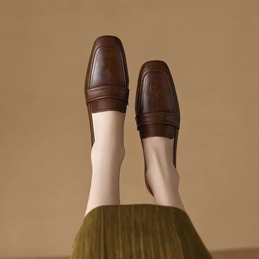 Women's Spring And Autumn New Medium Chunky Heel Soft Bottom Leather Shoes