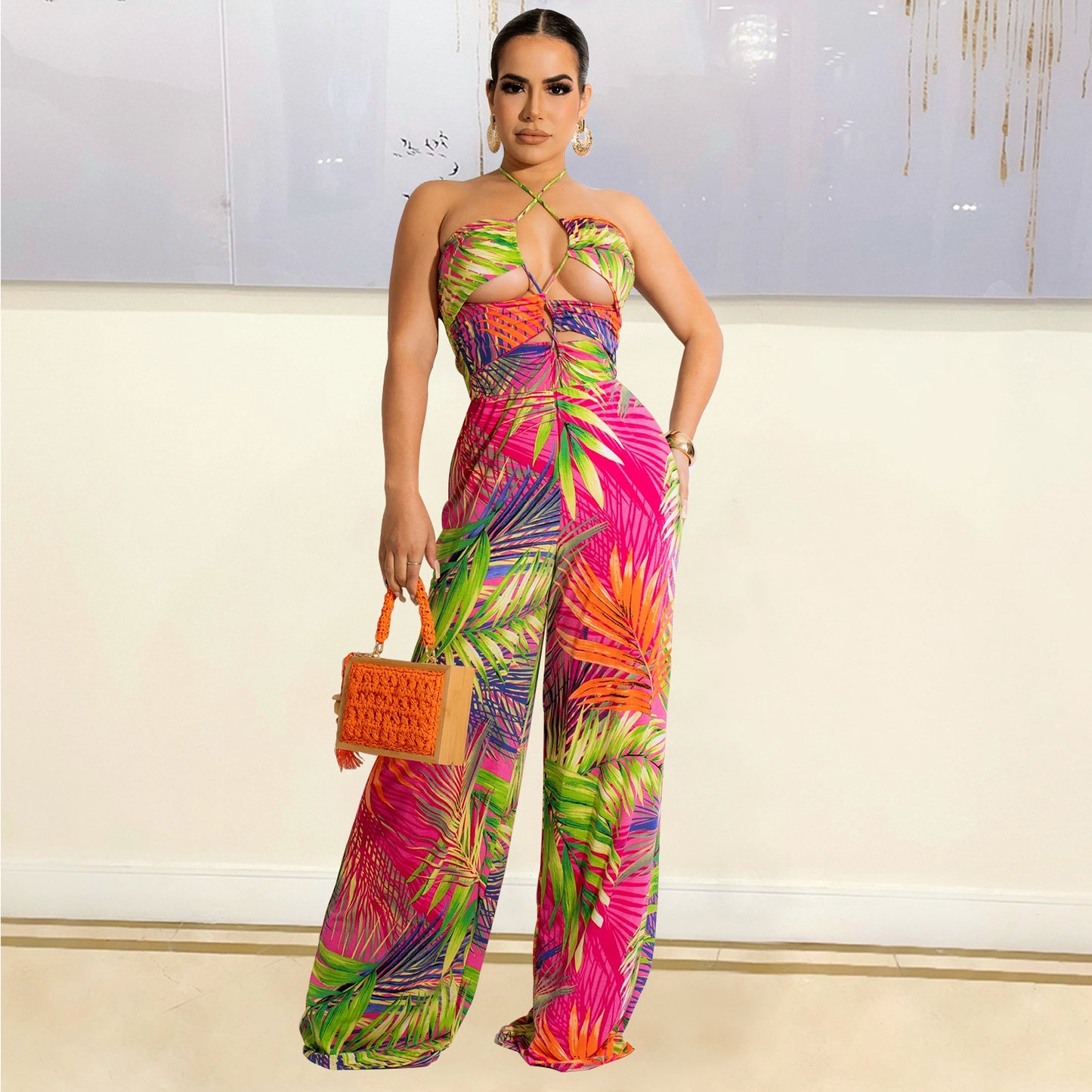 Women's Fashion Digital Print Wrap Chest Wide Leg Pants