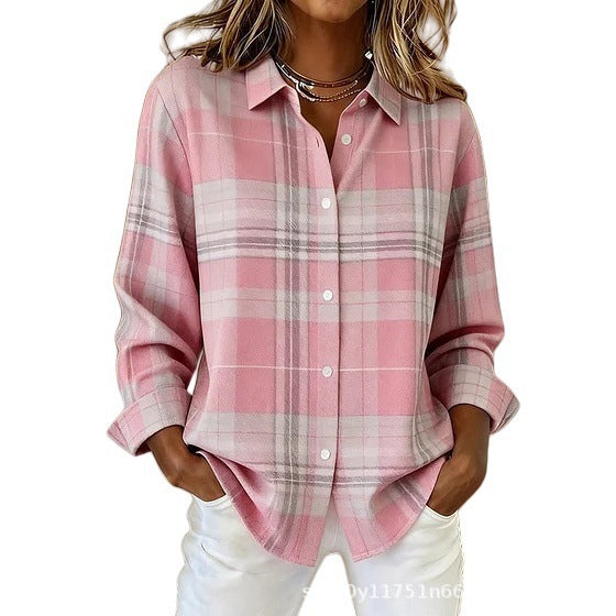 Womens Plaid Floral Print Long-Sleeve Blouse
