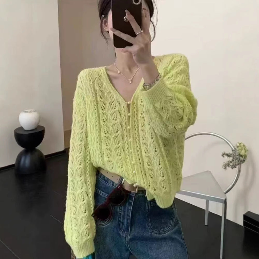 Women's Solid Color Hollow Crocheted V-neck Long-sleeve Knitwear
