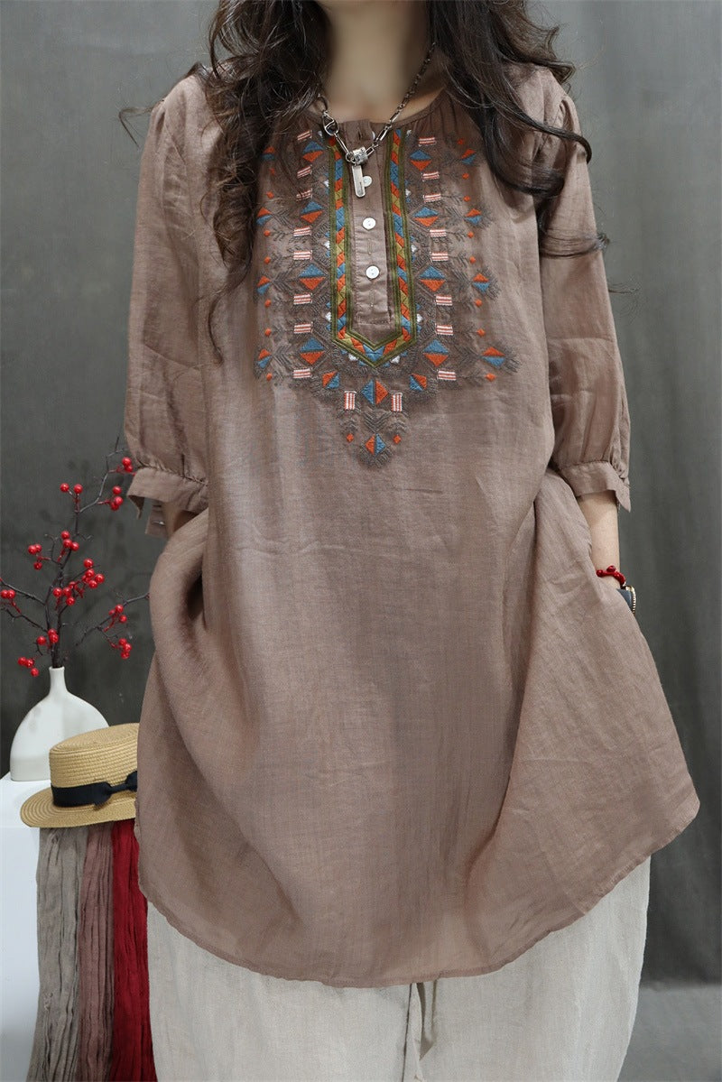 Retro Ramie Machine Embroidery Top Loose