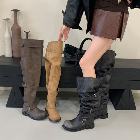 Women's Fashionable Wide-calf Soft-leather Chunky-soled Booties