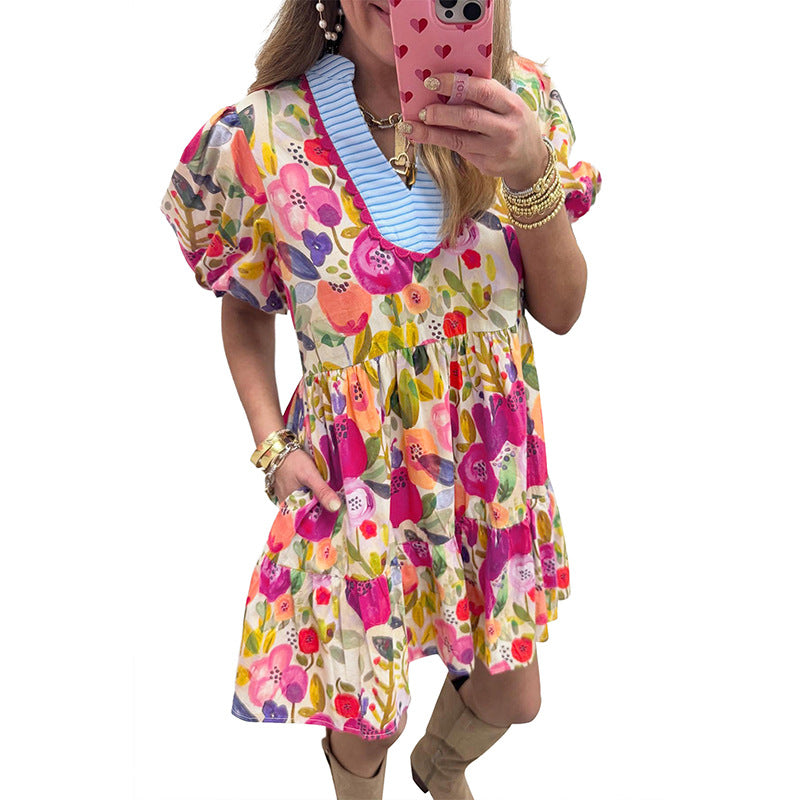 Versatile Floral Print Striped Trim Dress For Women