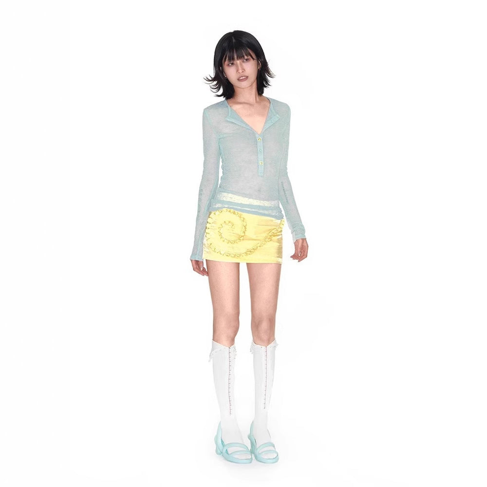Handmade Three-dimensional Lace Vortex Lemon Yellow Mercerizing Satin Surface Skirt