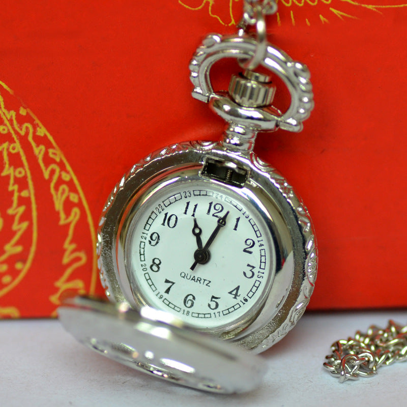 Small Quartz Pocket Watch Necklace Hollow-out Petals