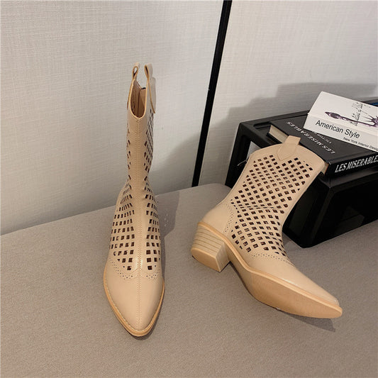 Pointed Western Cowboy Boots Women Thin Hollow Knight Thick Heel Net Boots Sandals