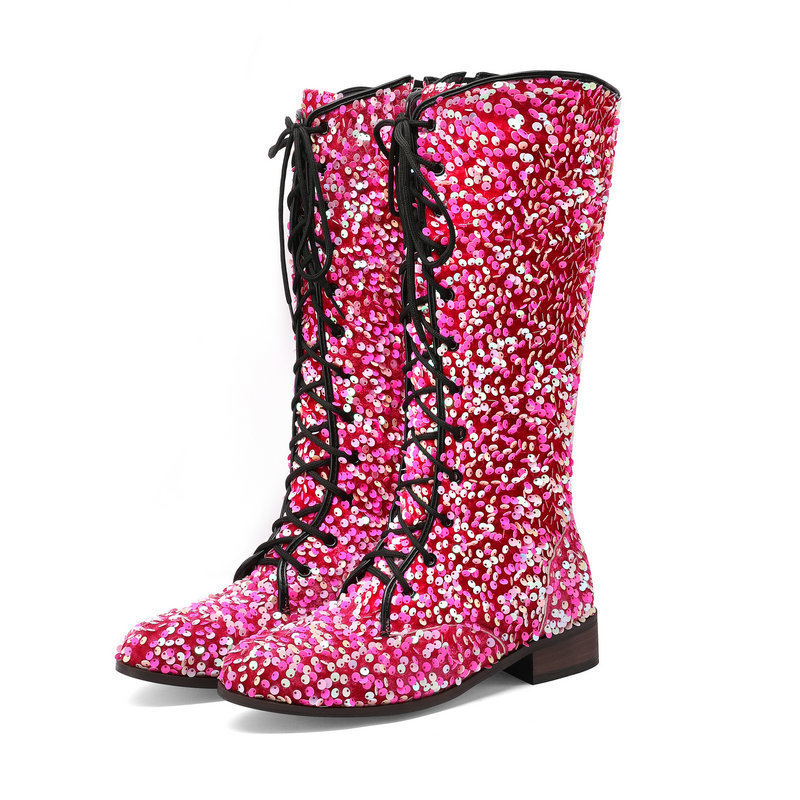 Glittery Round-toe Mid-heel Over-the-knee Boots With Front Lacing