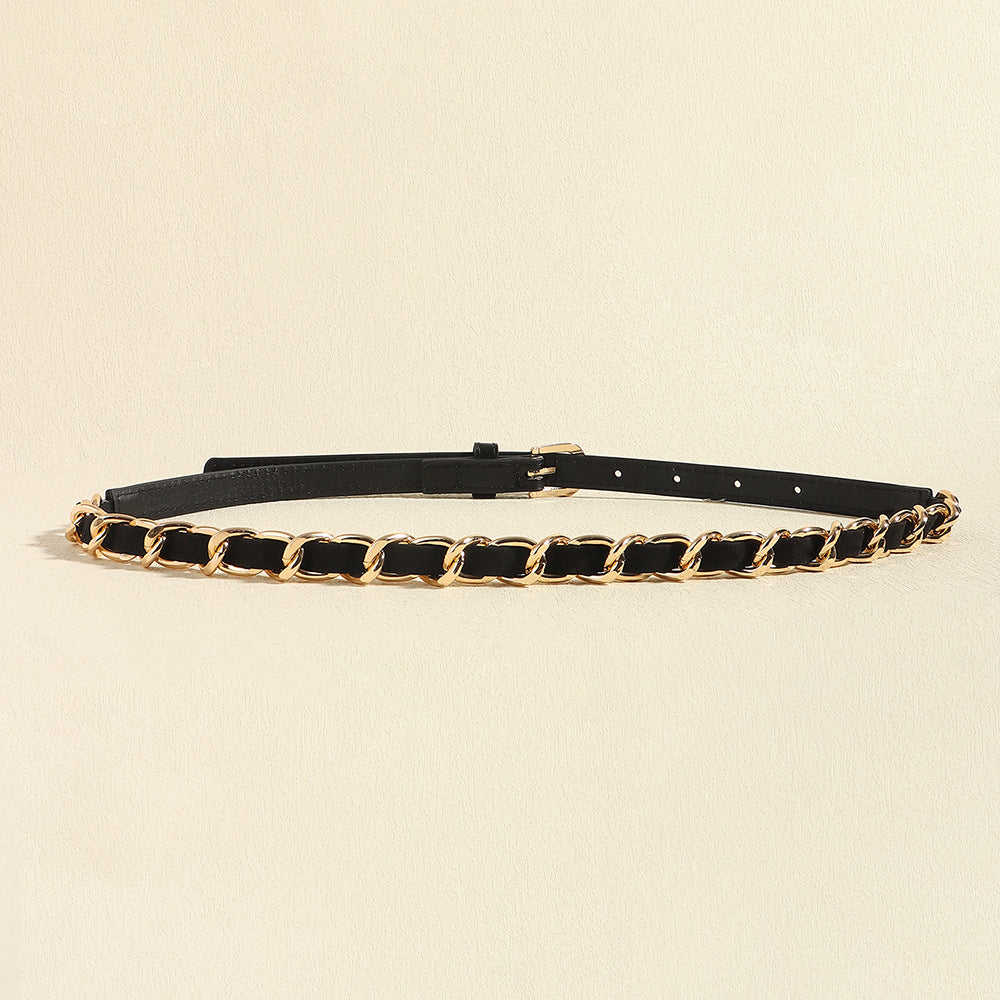European And American Simple Women's Metal Chain Woven PU Stitching Belt Punk Versatile Simple Waist Chain