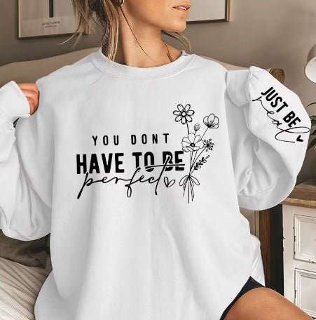 Pullover Rund Hals Lange Ærmer Blomster Bogstavprint Sweatshirt