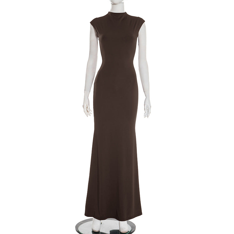 Solid Colored Casual Elegant Stand Neck Sleeveless Bodycon Mermaid Long Dress