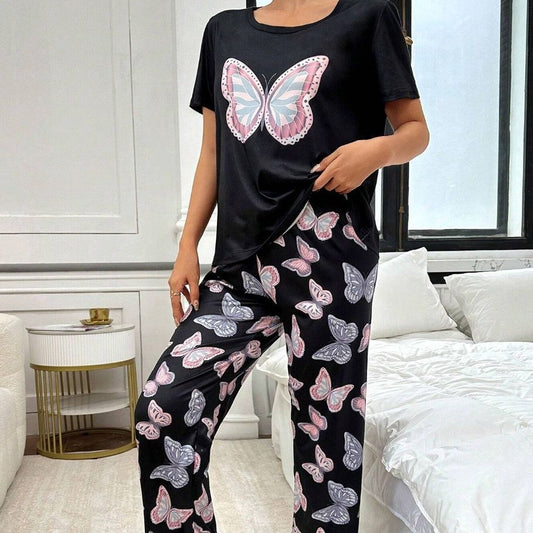 Home Round Neck Printed Short Sleeve T-shirt Top And Trousers Suit