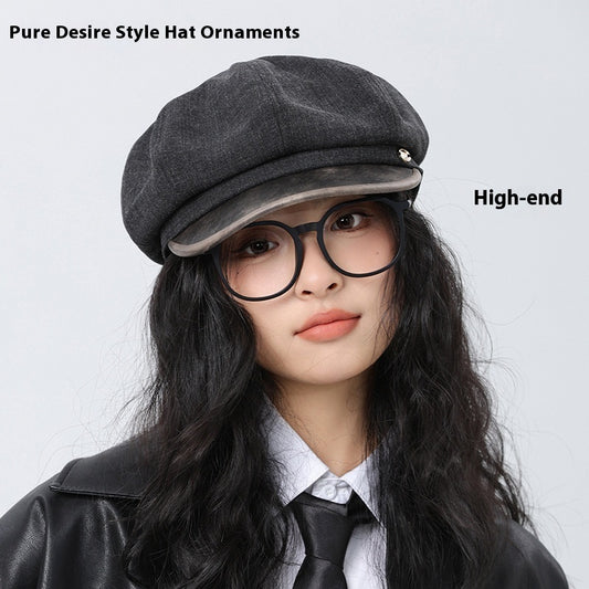 Cotton And Linen Octagonal Cap Artistic Stitching Leather Brim Big Head Suitable