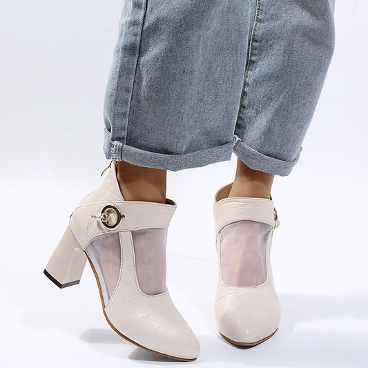 Large Size Boots Mesh Transparent Metal Buckle Thick Heel Short Boots