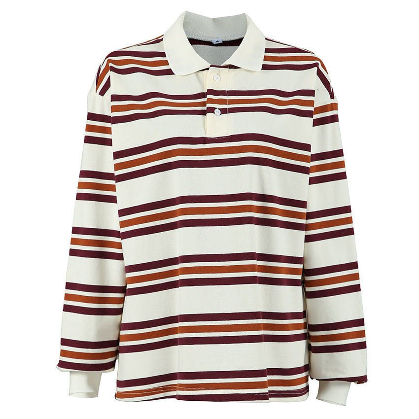 Retro Contrast Color Striped Slim Fit Slimming Casual Versatile Long Sleeves T-shirt