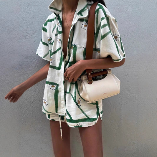 Color Block Loose Short Sleeve Printed Shirt Womens Casual Set