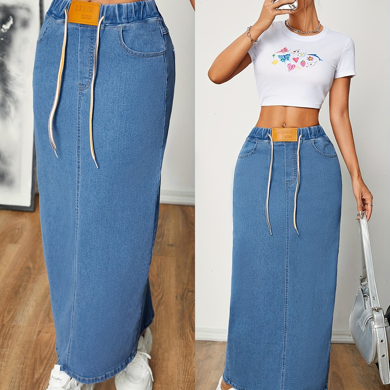 Womens A-line Denim Skirt With A Drawstring Waist For A Snug Or Loose Fit