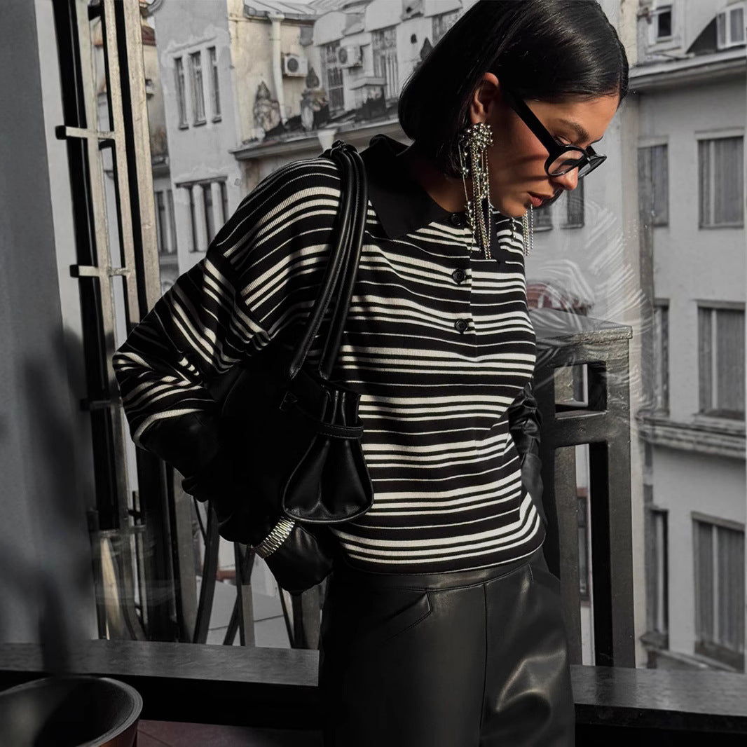 Striped Sweater Retro Contrast Color Striped Polo Collar Knitted T-shirt