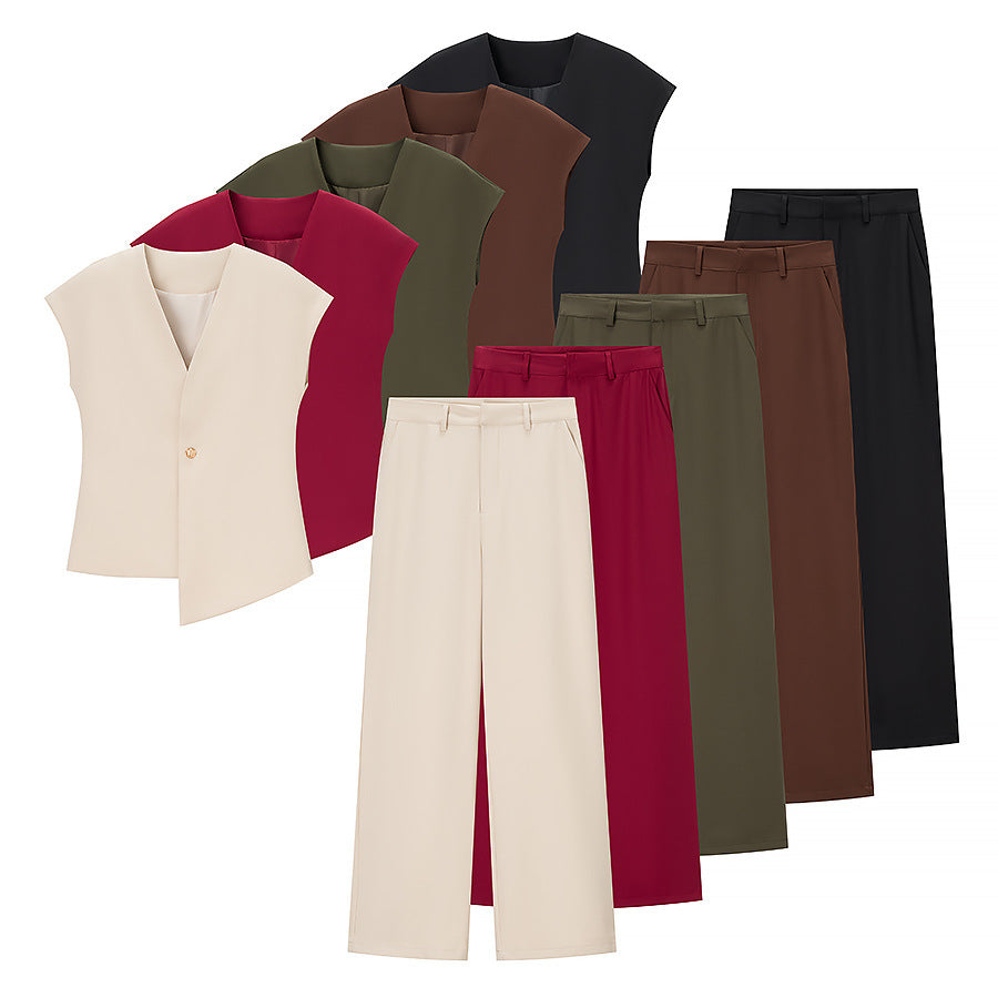 European And American Women's Clothing Button Top Wide Leg Pants Suit