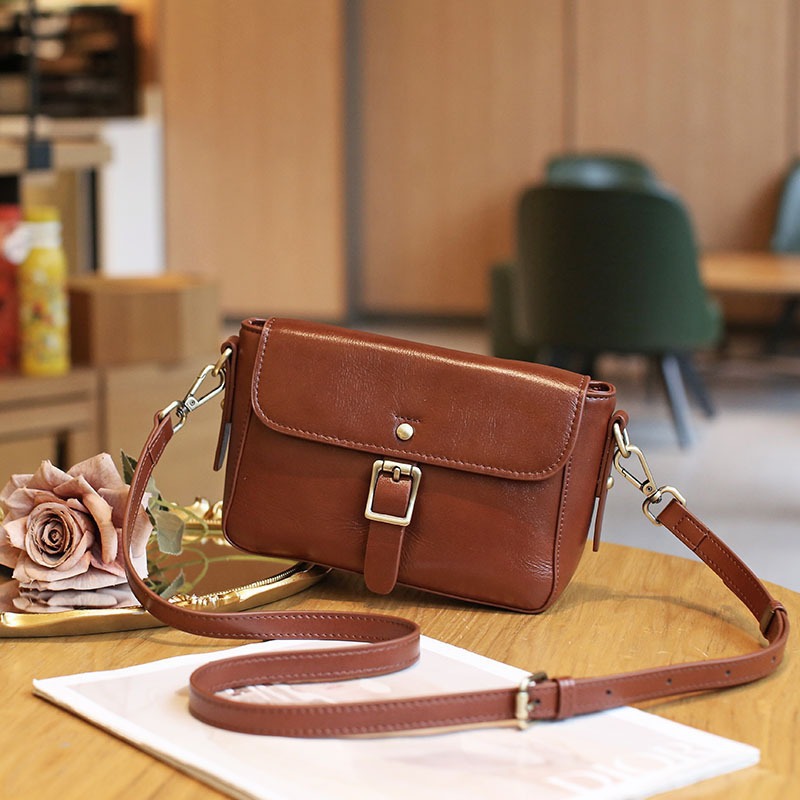 Retro Easy Matching Casual Crossbody Top Layer Vegetable Tanning Leather Shoulder Small Square Bag
