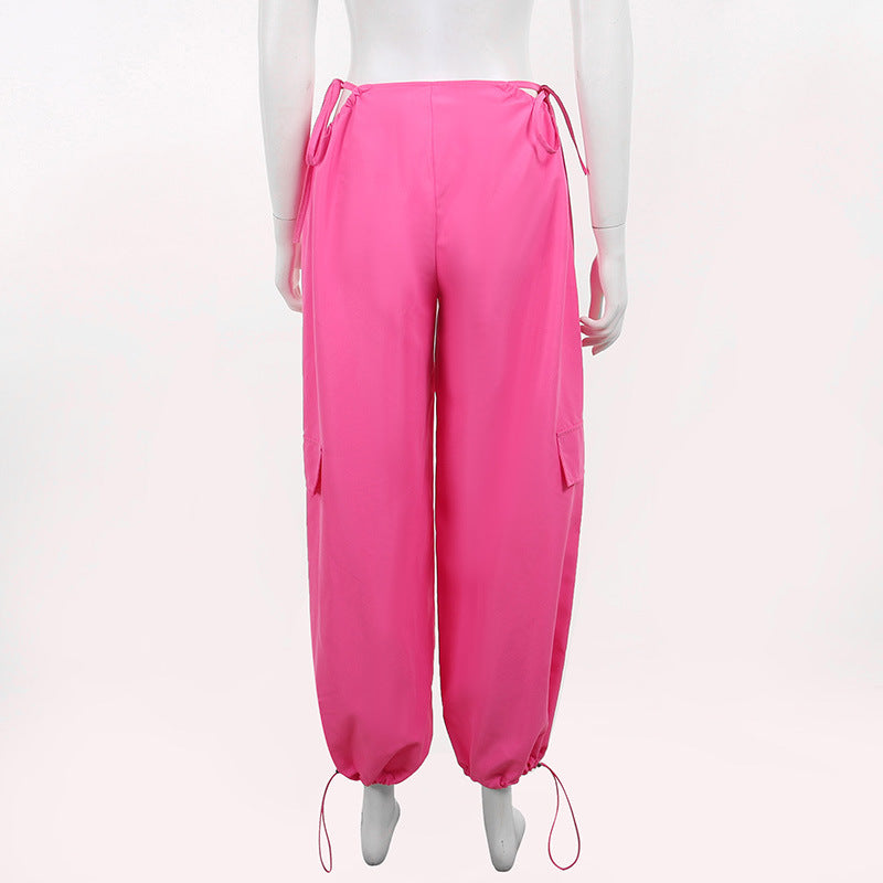 High Waist Hollow Drawcord Solid Leggings Cargo Pants