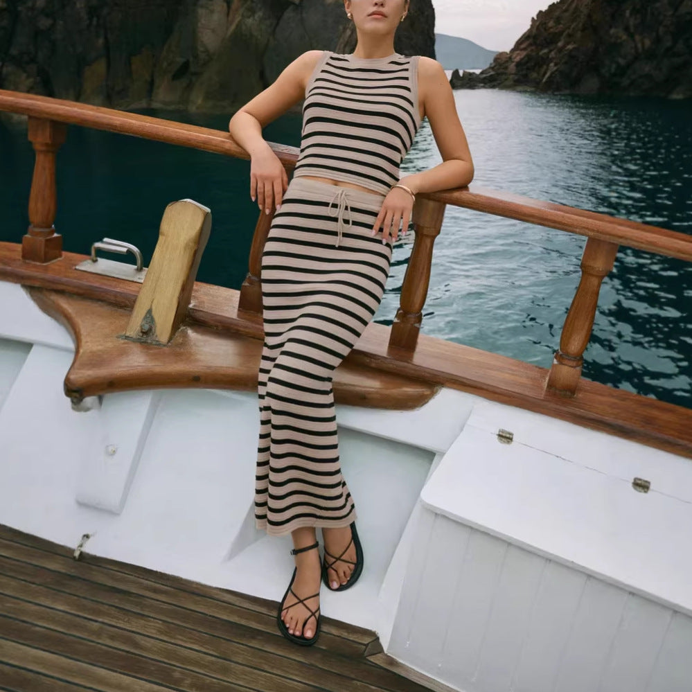 Striped Knitted Sleeveless Top And Slit Midi Skirt Set