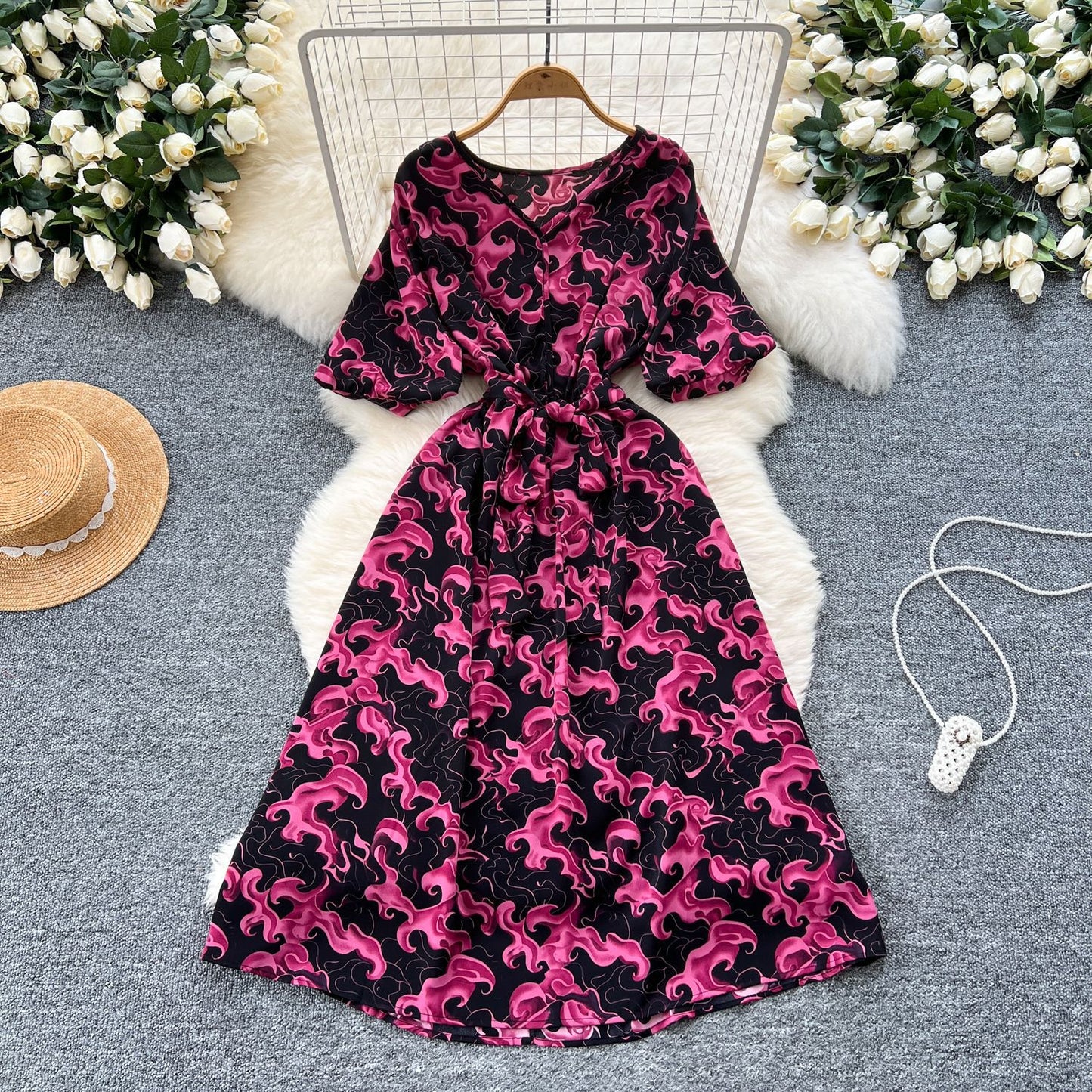 French Retro-Style High-End Printed Puff Sleeve Dress