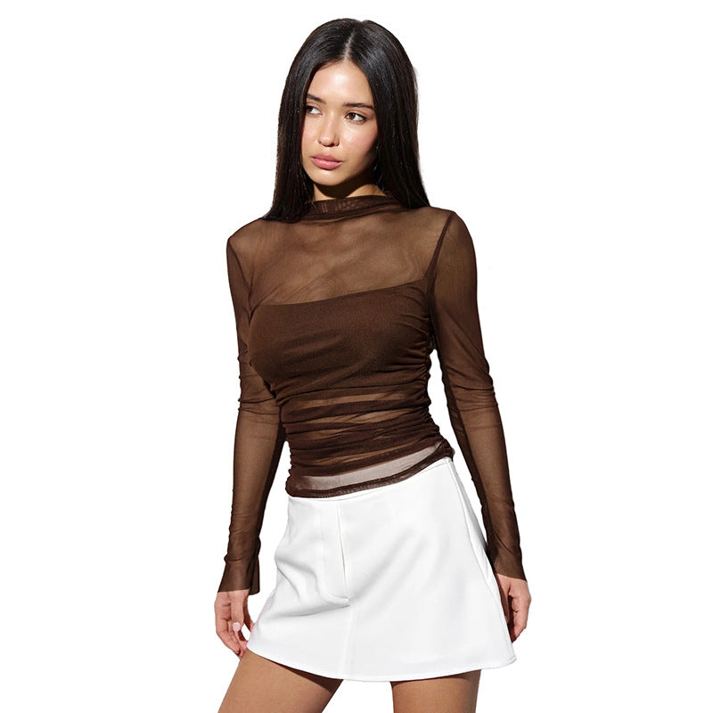 Ny rundhalset pullover med gennemsigtigt mesh-bustier-detalje