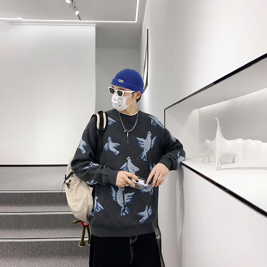 Løs Strikket Pullover Sweater til Mænd med Due-Jacquardmønster