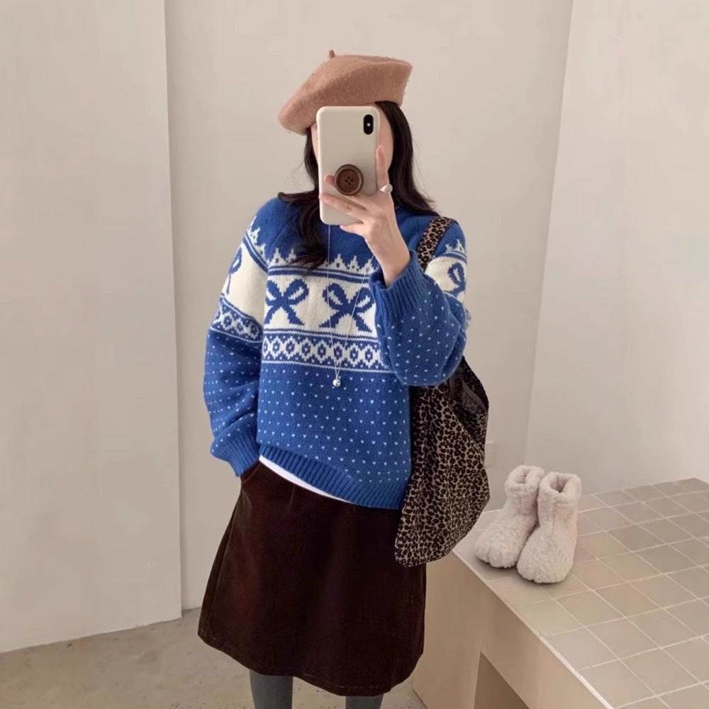 Women's Korean-style Vintage Jacquard Round Neck Sweater With Bow