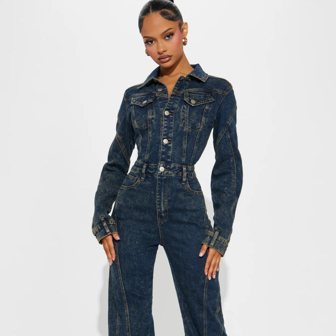 Washed Long-sleeve Patchwork Denim Jumpsuit
