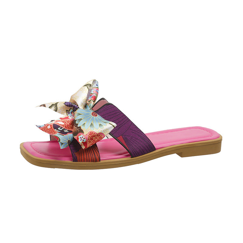 Ribbon Bow Sandaler Sommer Nye Firkantet Tå Lav Hæl Sandal Til Kvinder Slides Mode Afslappede Strandsandaler