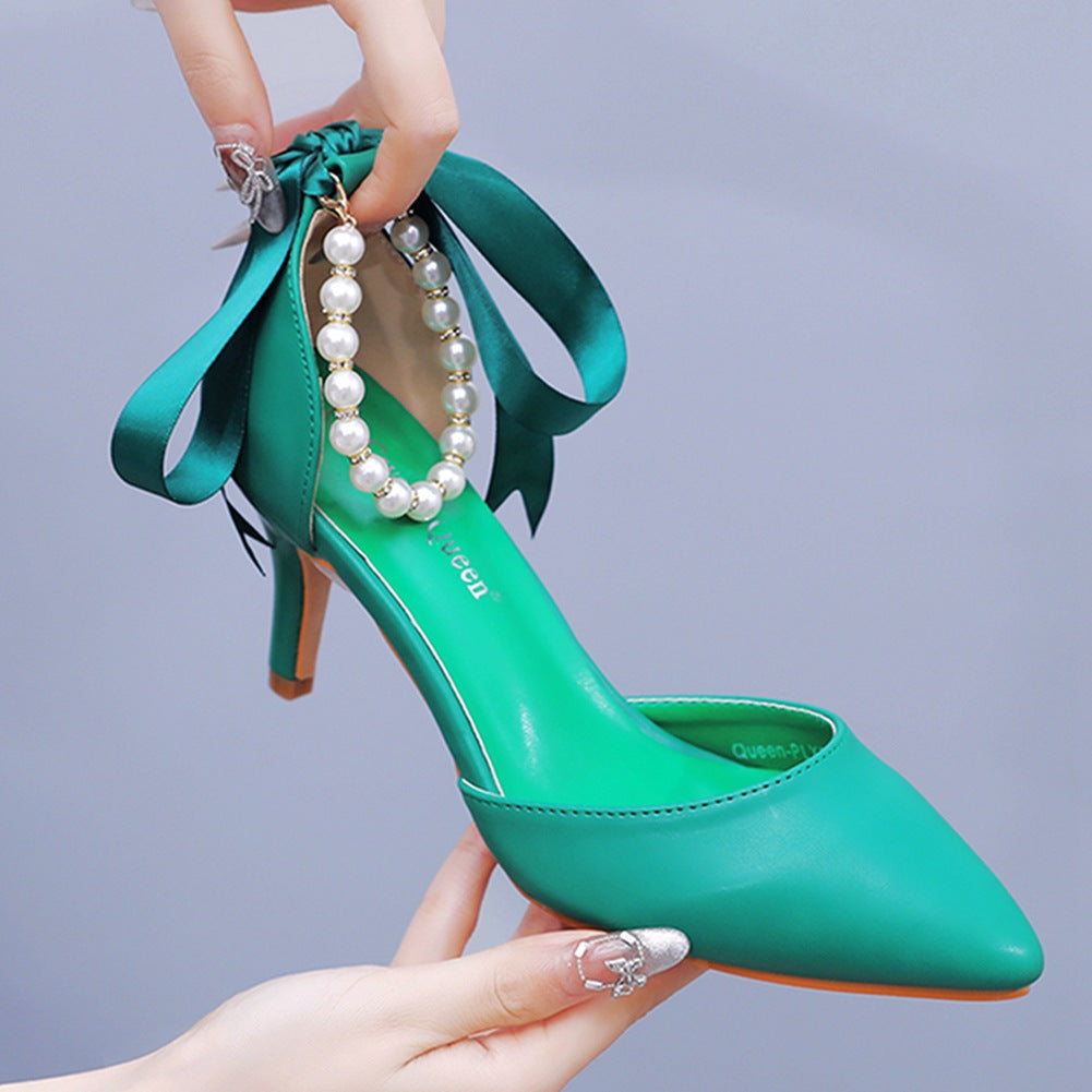 Mid Heel Rhinestone  7cm    Beaded Ribbon Sandals Matte Soft PU Leather Dress Shoes For Women