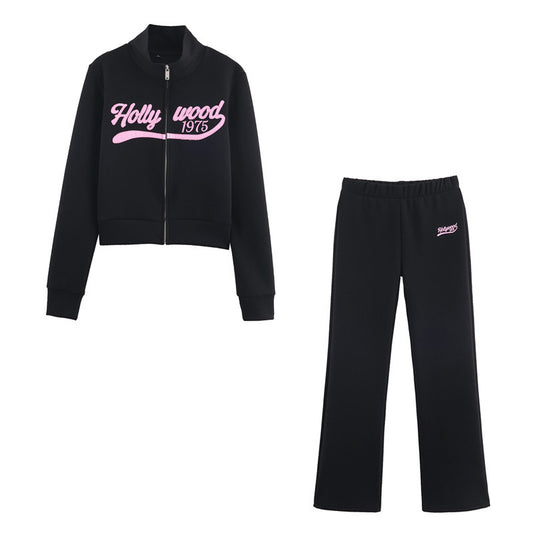 Printed Zipper Hoodie Fleece Fabric Flare Pants