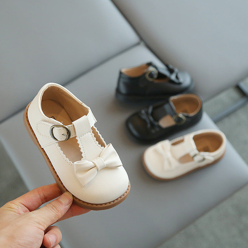Children's Fashion Solid Color Bow Leather Shoes