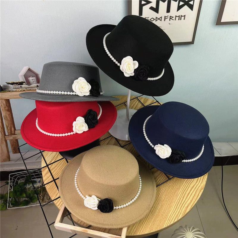 Vintage Hattedame Perlekæde Blomster Uld Flad Hat