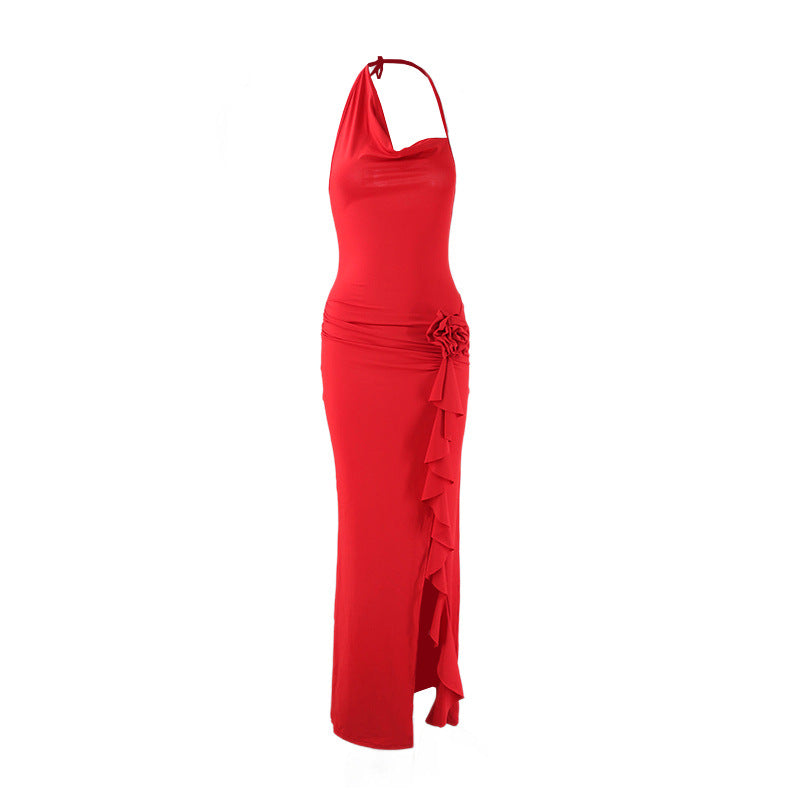 Sexy Asymmetrical Halterneck Three-Dimensional Floral Slim-Fit Split Evening Gown