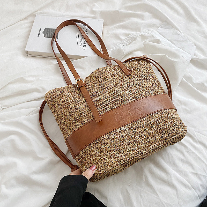 Women's Patchwork One Shoulder Straw Woven Bag
