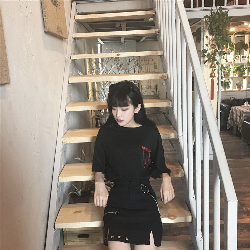 Vintage ring chain high waist wild black denim skirt