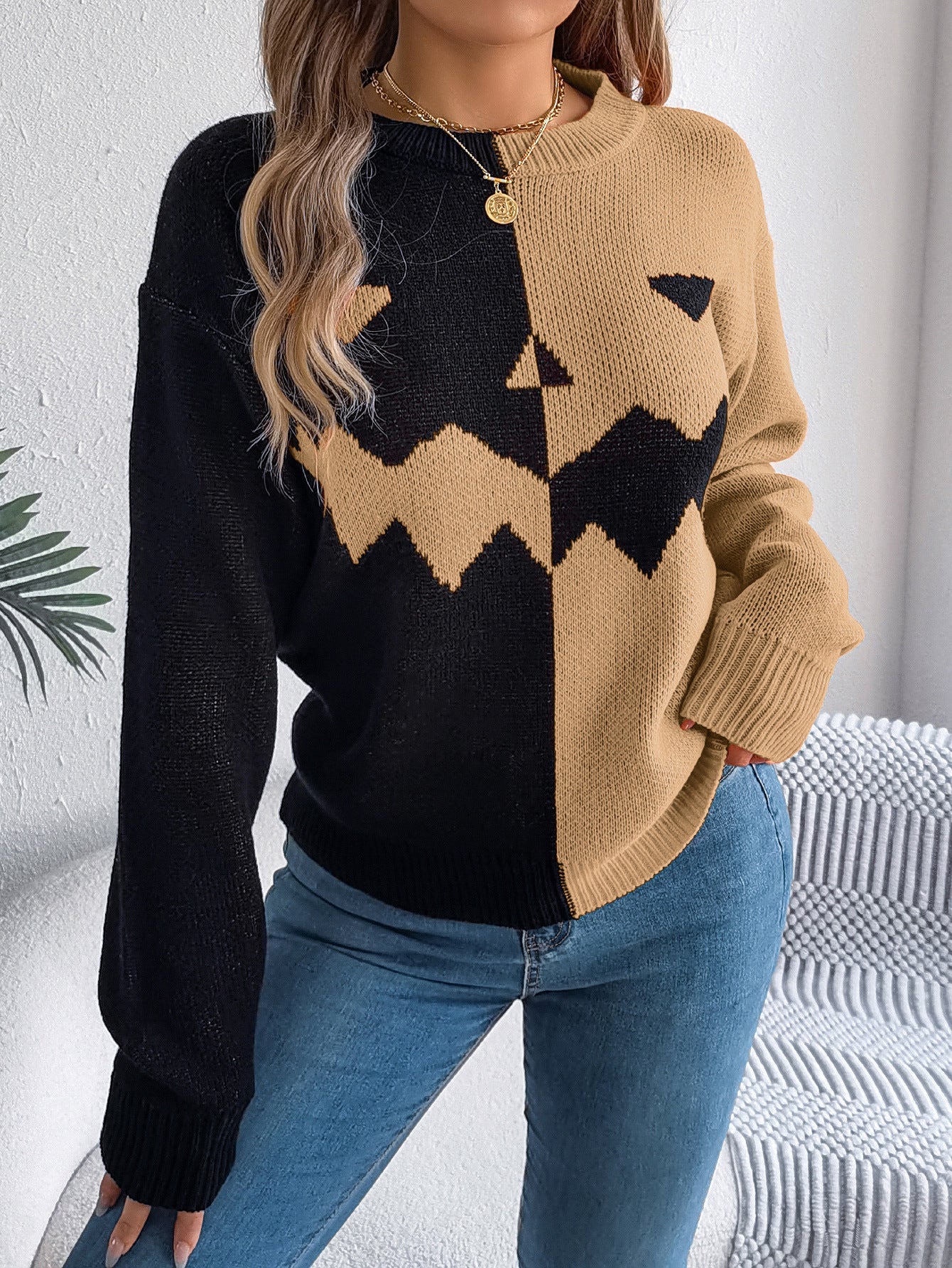 Ghost Pumpkin Contrast Color Long Sleeves Pullover