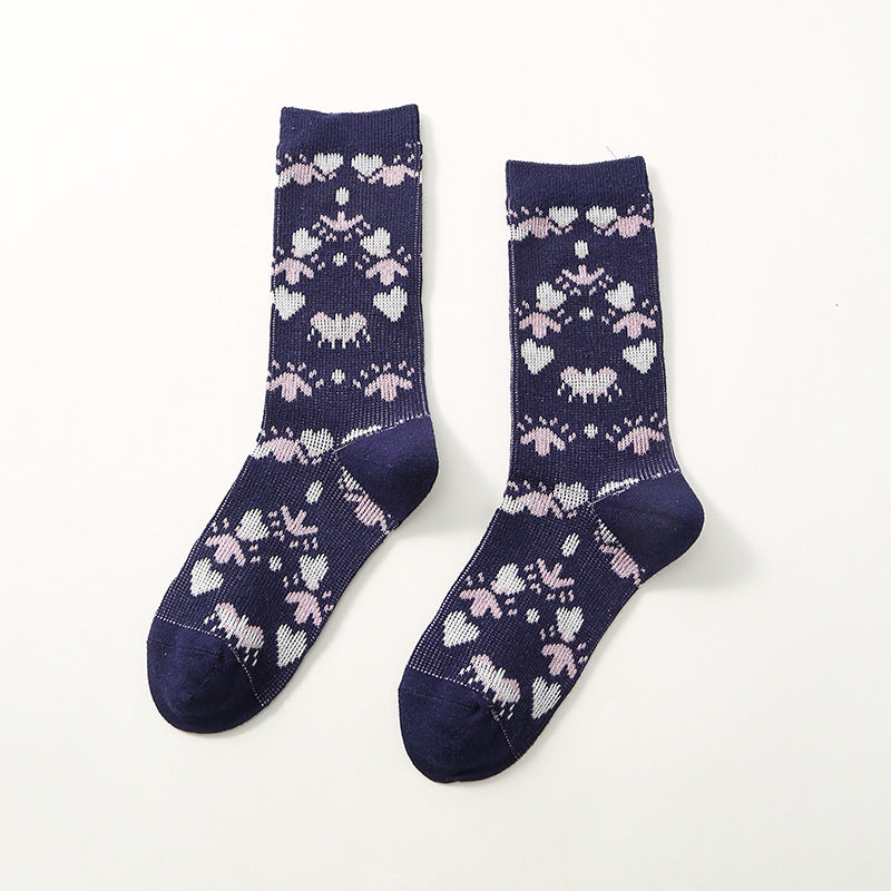 Autumn And Winter New Vintage Floral Women's Socks Rhombic Love Double Needle Cotton Socks Thermal Middle Tube Socks