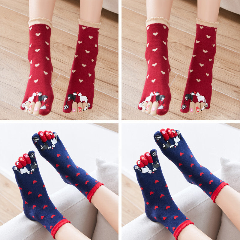 Autumn and Winter Cotton Five-finger Socks Women's Tube