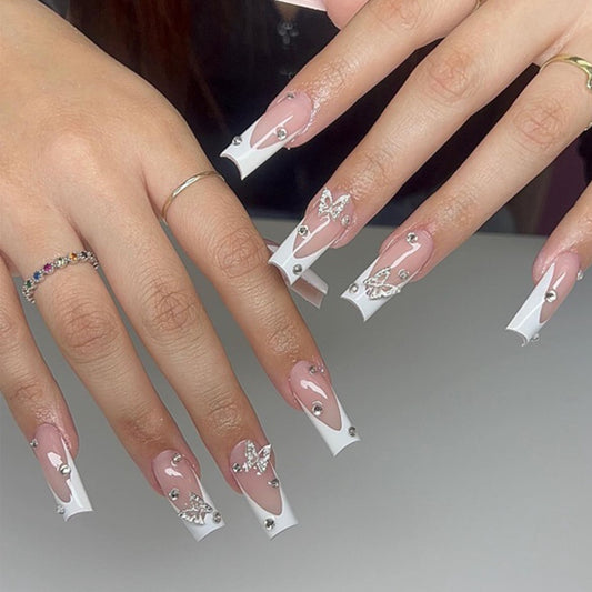 Wear Nail Finished White French Three-dimensional Butterfly Diamond