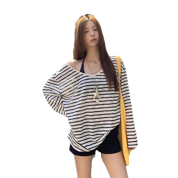 Womens Sun-Protective Blouse Summer Outfit Long-Sleeve T-Shirt Womens Loose Striped Off-Shoulder Top