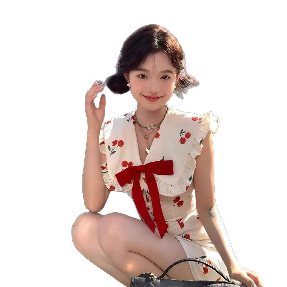 Fitted Slimming Cherry-Print Lapel Dress For Women