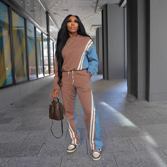 Sporty Color-blocked Faux Denim Striped Long-sleeve Hoodie With Drawstring Pants Two-piece Set