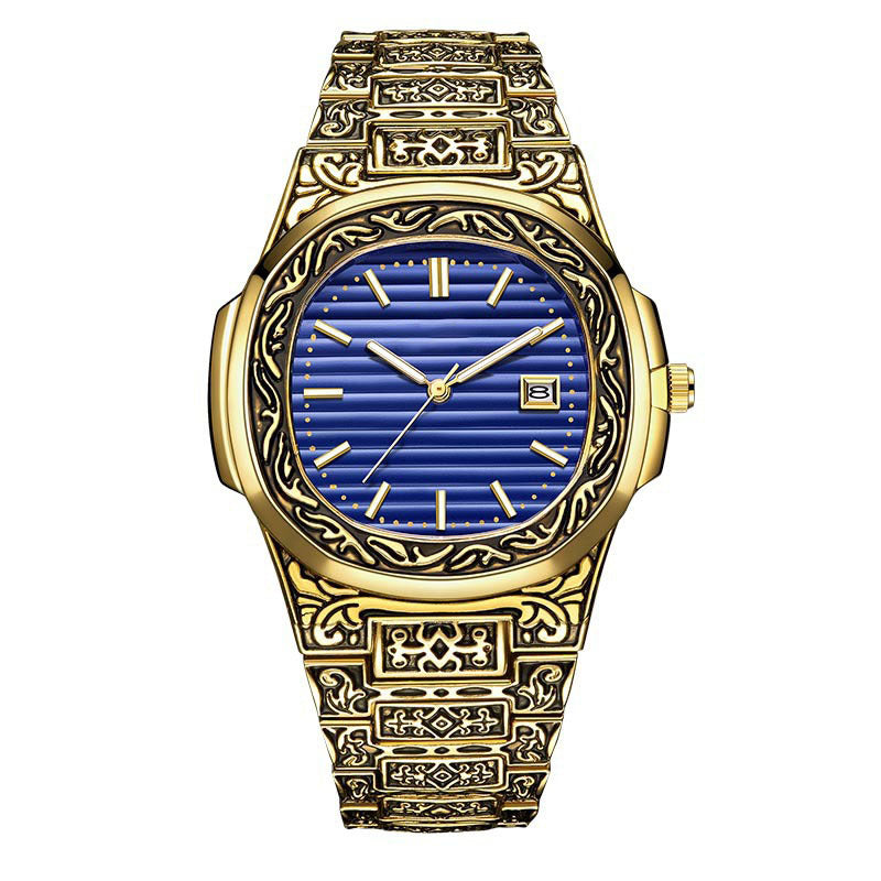 Men's Pattern Steel Belt Calendar Quartz Watch