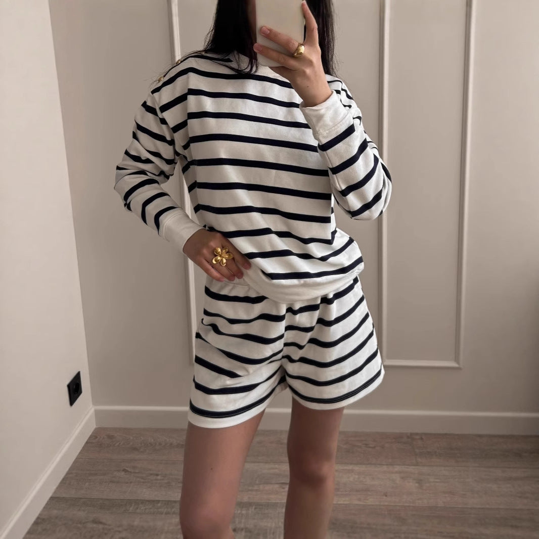 Soft Cotton Striped Suit Casual Long Sleeve Sweatshirt And Shorts