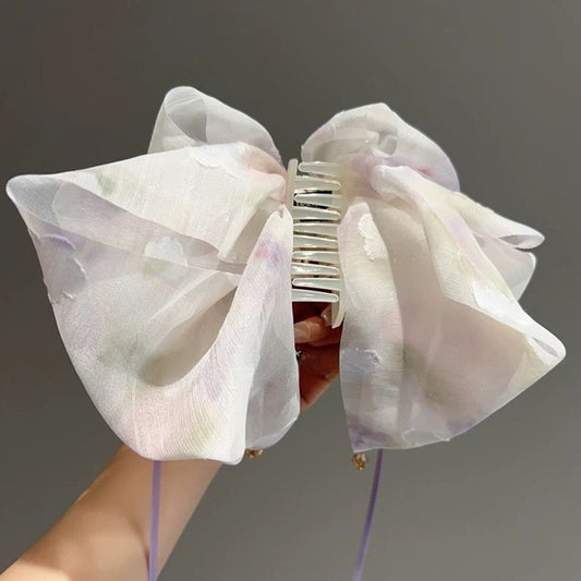 High-grade Blue Tie-dyed Printed Bow Ribbon Hairpin