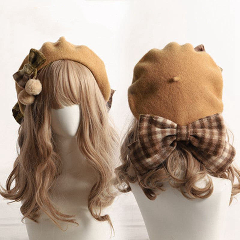 Handmade Plaid Pom Pom Bow Beret