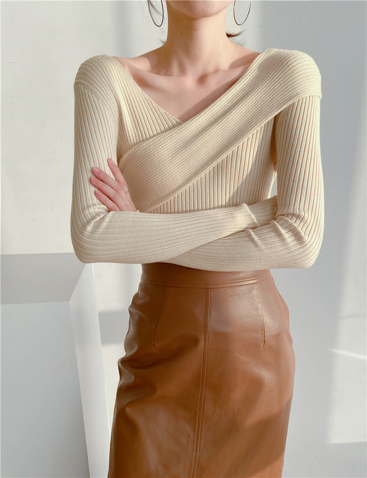 Crossbody Off-the-shoulder V-neck Cross-wire Knitted Sweater